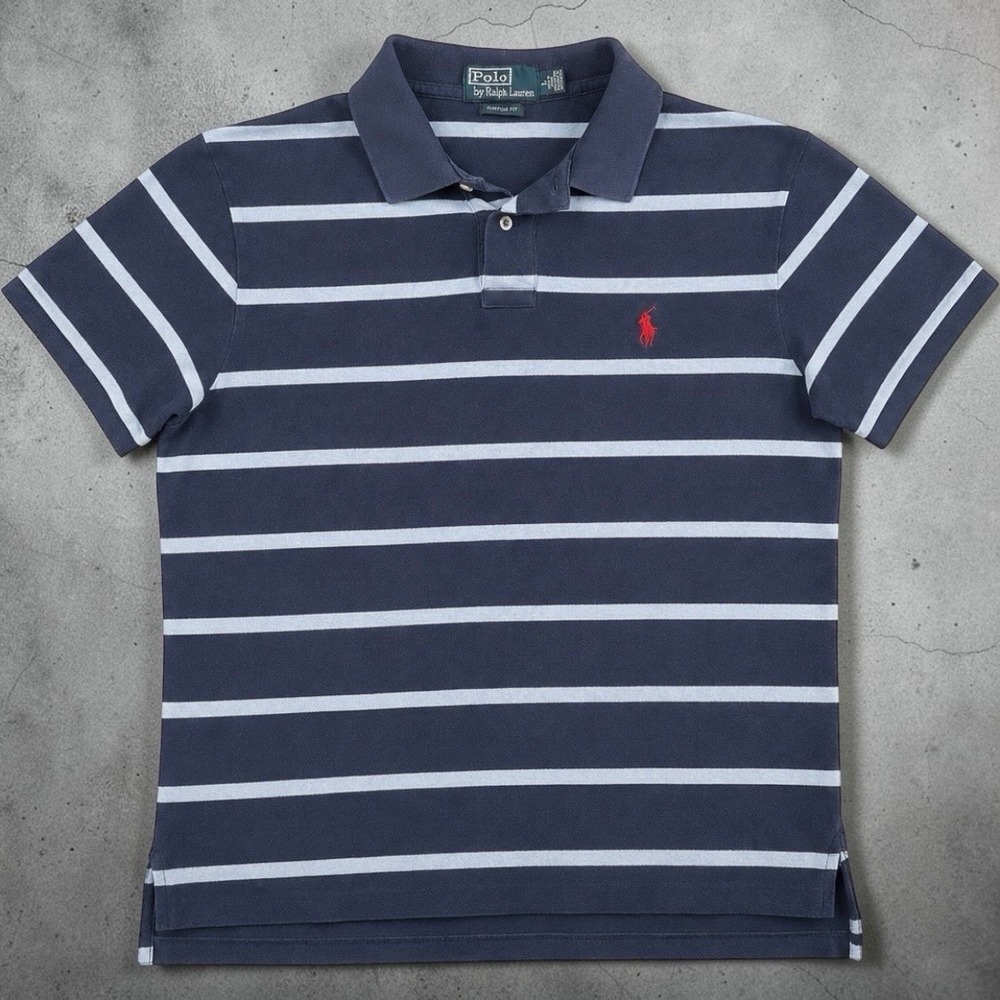Polo Ralph Lauren Custom Fit Polo Shirt Striped Navy Blue Red Pony Mens L